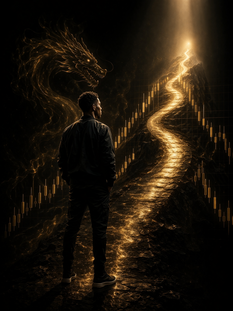 Blueprint of a consistent trader representing personal growth through past challenges and transformation into a disciplined trader identity
