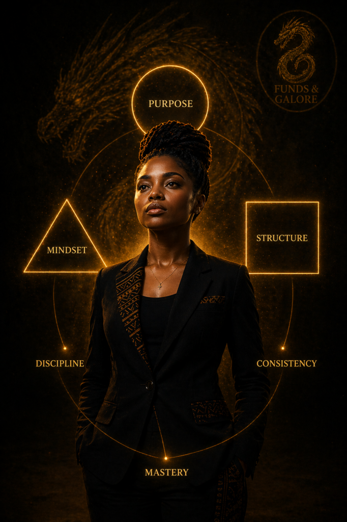 Discipline Over Desire depicting a woman surrounded by symbols of mindset structure and discipline representing the Funds and Galore philosophy.