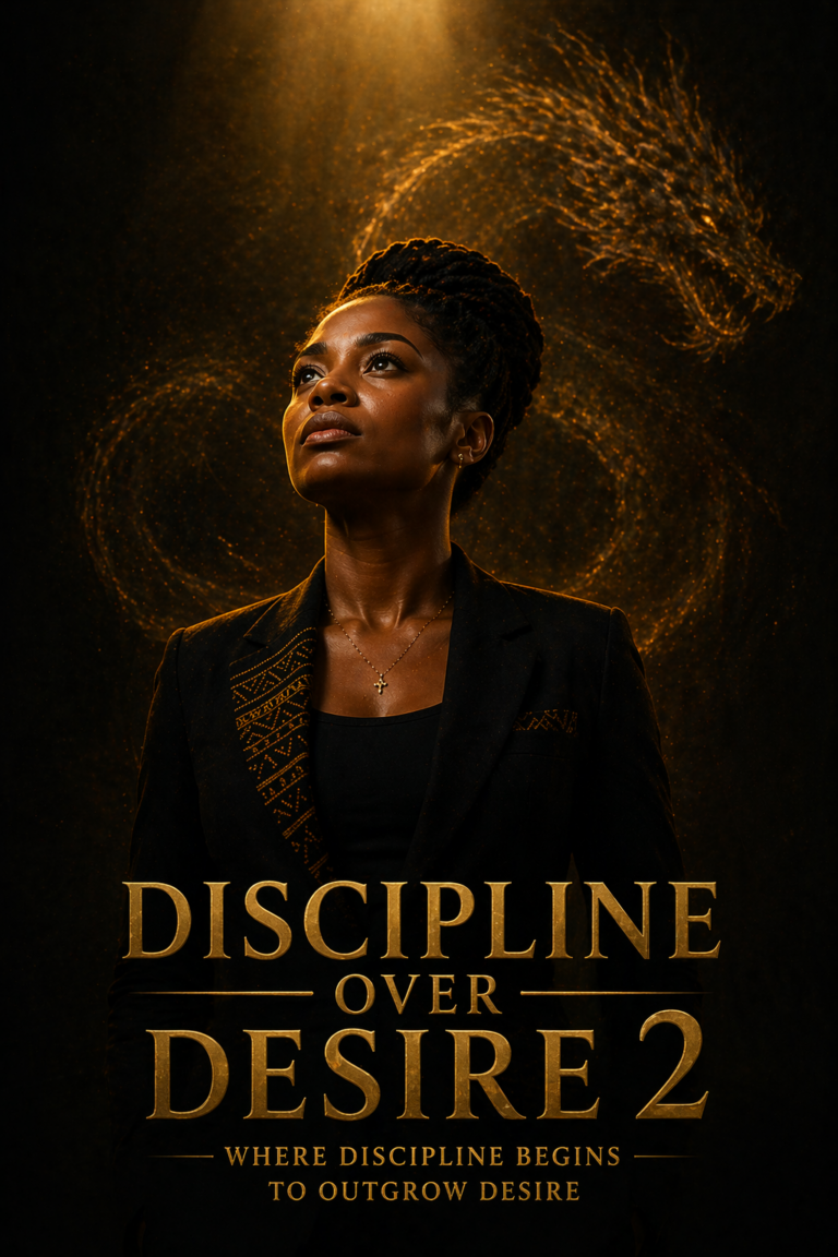 Discipline Over Desire showing a focused South African woman in soft golden light representing inner discipline and personal growth