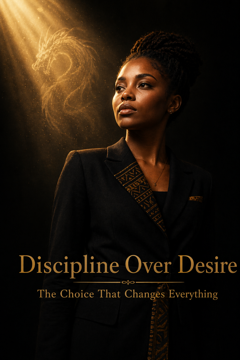 Discipline Over Desire showing a focused South African woman in golden light symbolising self-mastery and internal awakening.