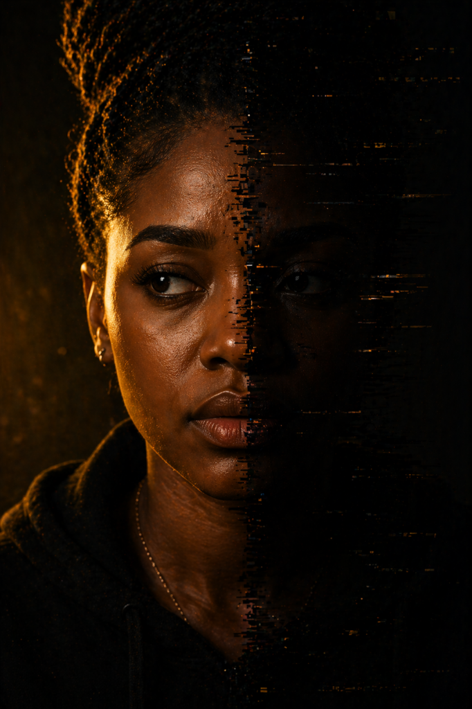 Discipline Over Desire showing a close-up of a woman between light and shadow representing confusion and internal conflict