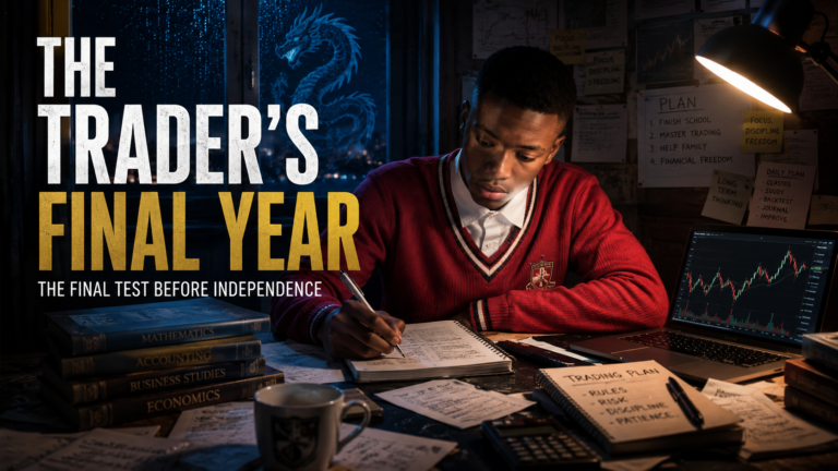 The Trader’s Final Year hero image showing a young South African trader balancing school, forex charts and independence during his final year of high school
