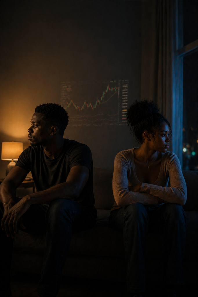 How Consistency in Trading and Consistency in Love Shape Identity showing a man looking at a trading chart with low energy as discipline begins to fade