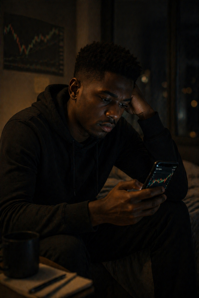 Young Black South African man looking at phone with tired posture, reflecting how consistency in trading and consistency in love begins to slip quietly