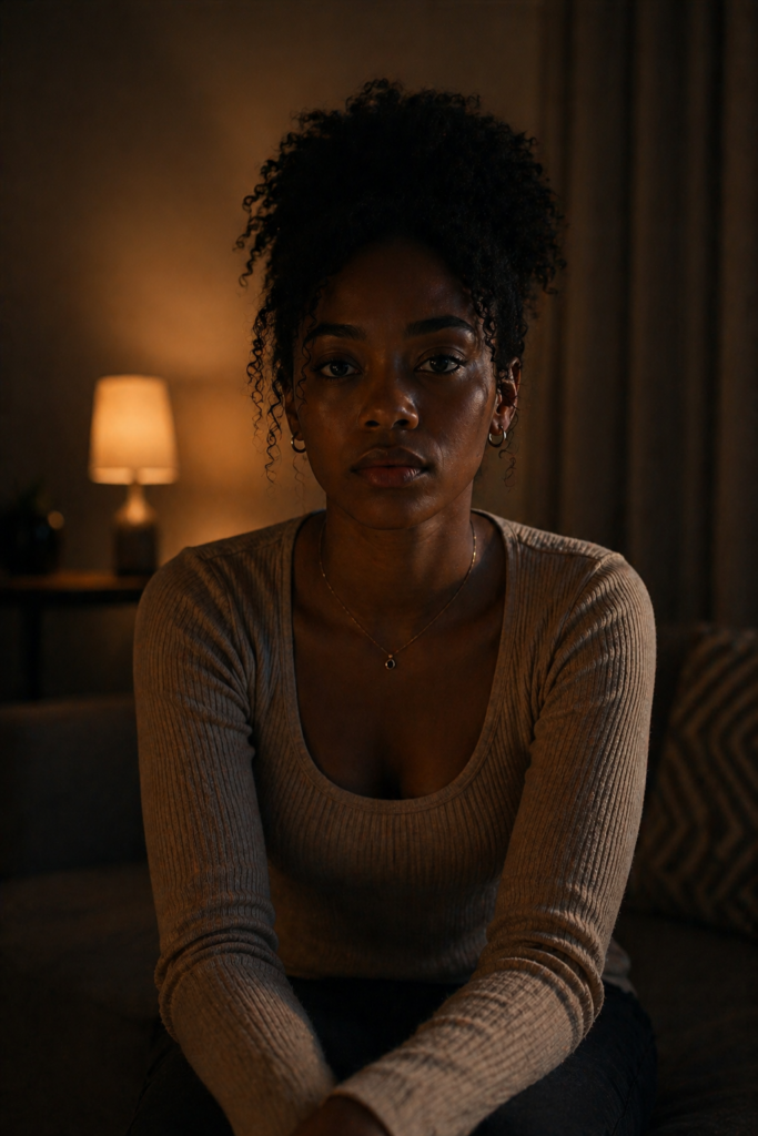Young Black South African woman sitting still with calm but heavy expression, showing the internal weight behind consistency in trading and consistency in love
