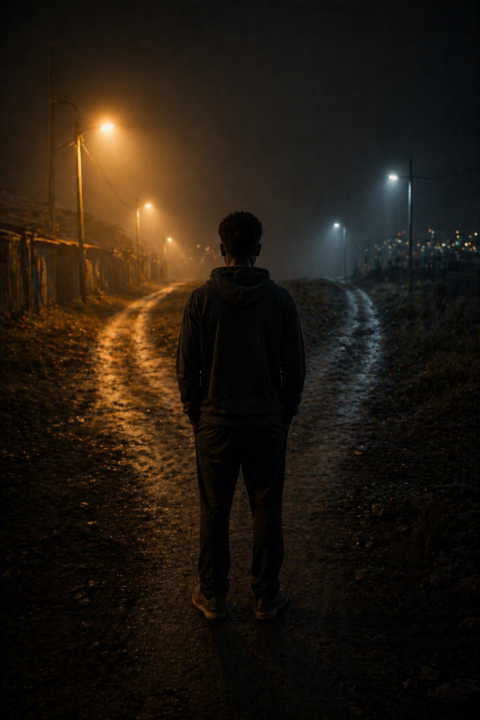 Person standing between two blurred paths in a dim setting, symbolising hidden patterns affecting consistency in trading and consistency in love