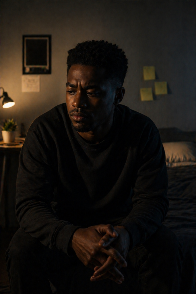 Young Black South African man with half-lit face in shadow, representing internal conflict and lack of alignment in consistency in trading and consistency in love