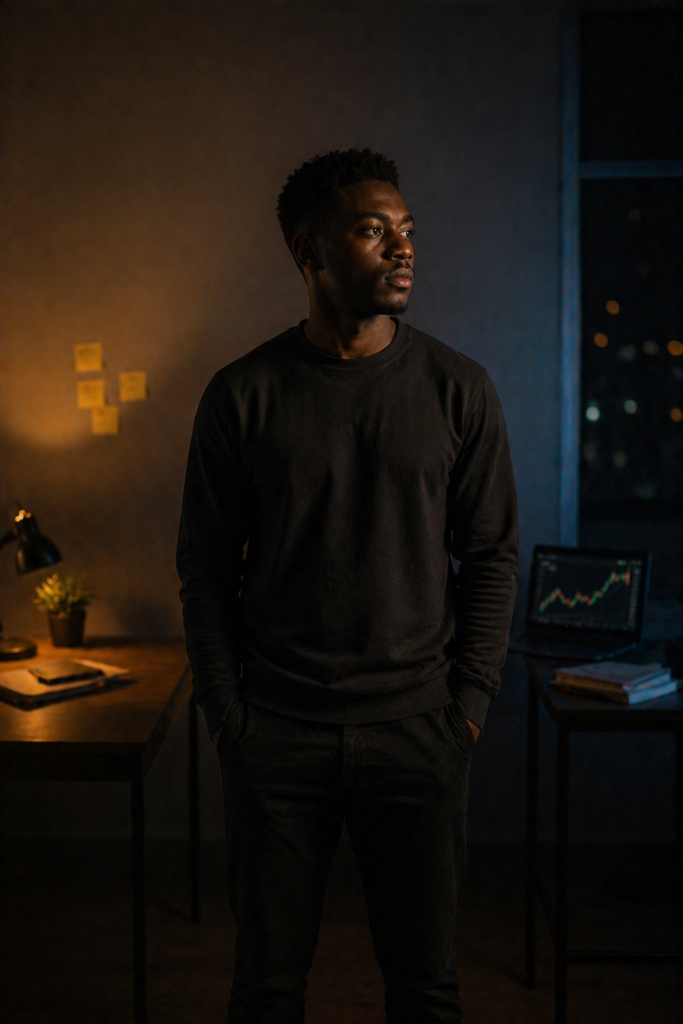 Person standing balanced in warm and cool lighting, symbolising alignment in consistency in trading and consistency in love