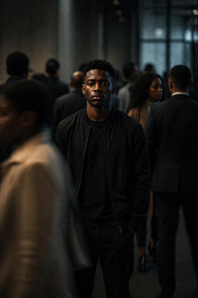 Person standing still in focus while others blur in the background, showing unnoticed patterns behind consistency in trading and consistency in love