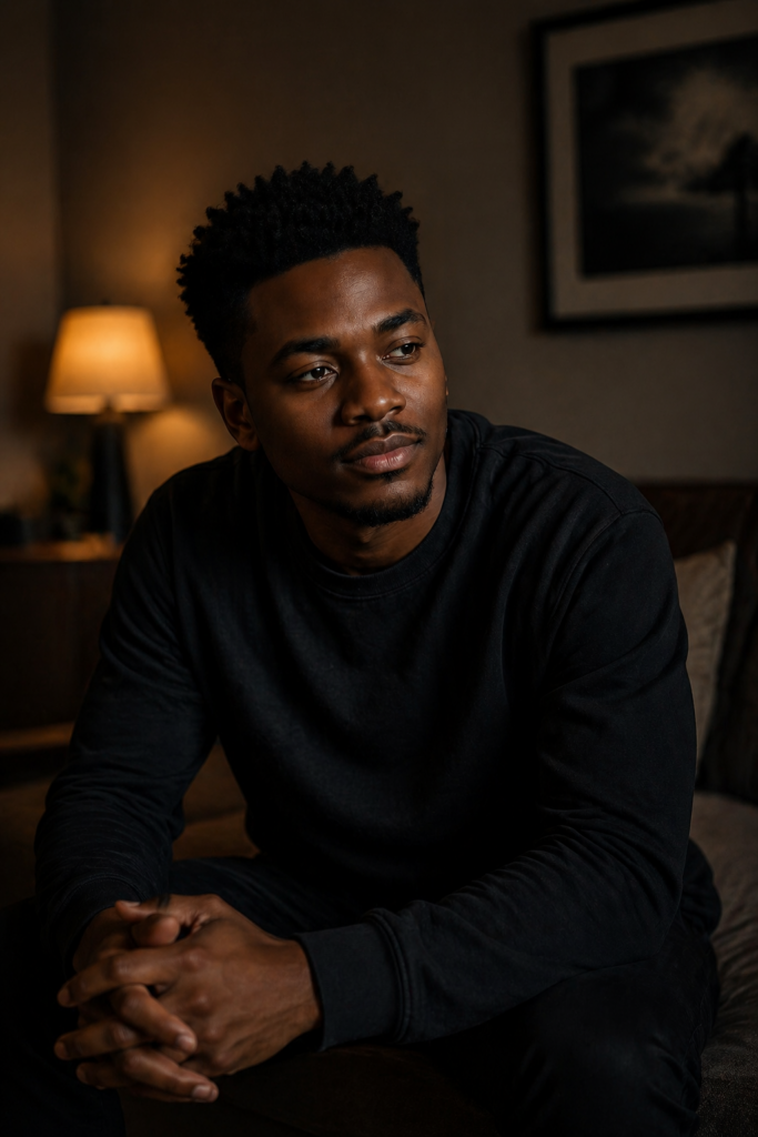 Young Black South African man with slight smile but distant eyes, revealing hidden misalignment in consistency in trading and consistency in love