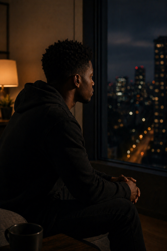 Young Black South African man looking outward in a dim room, symbolising repeated patterns.
