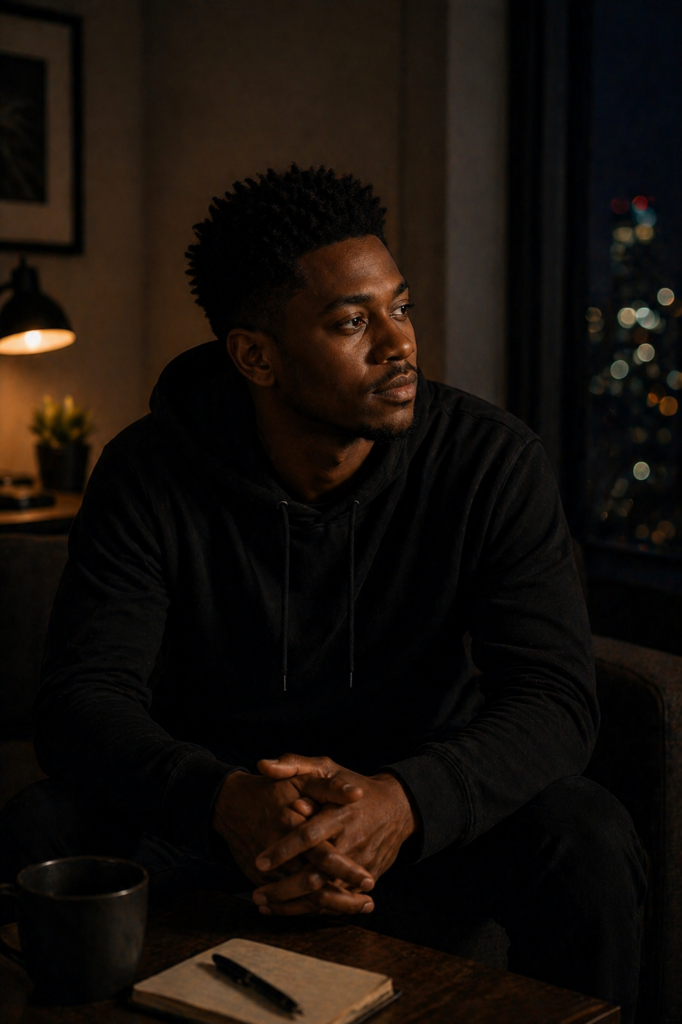 Young Black South African man sitting calmly with focused eyes, representing awareness and identity shift.