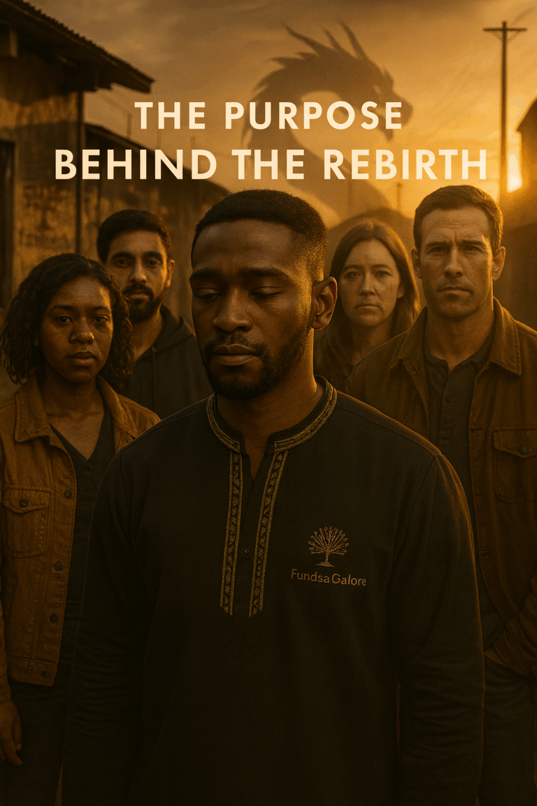 Cinematic portrait for The Purpose Behind the Rebirth showing a Xhosa main character emerging into golden light with diverse South Africans behind him and subtle Funds&Galore branding.