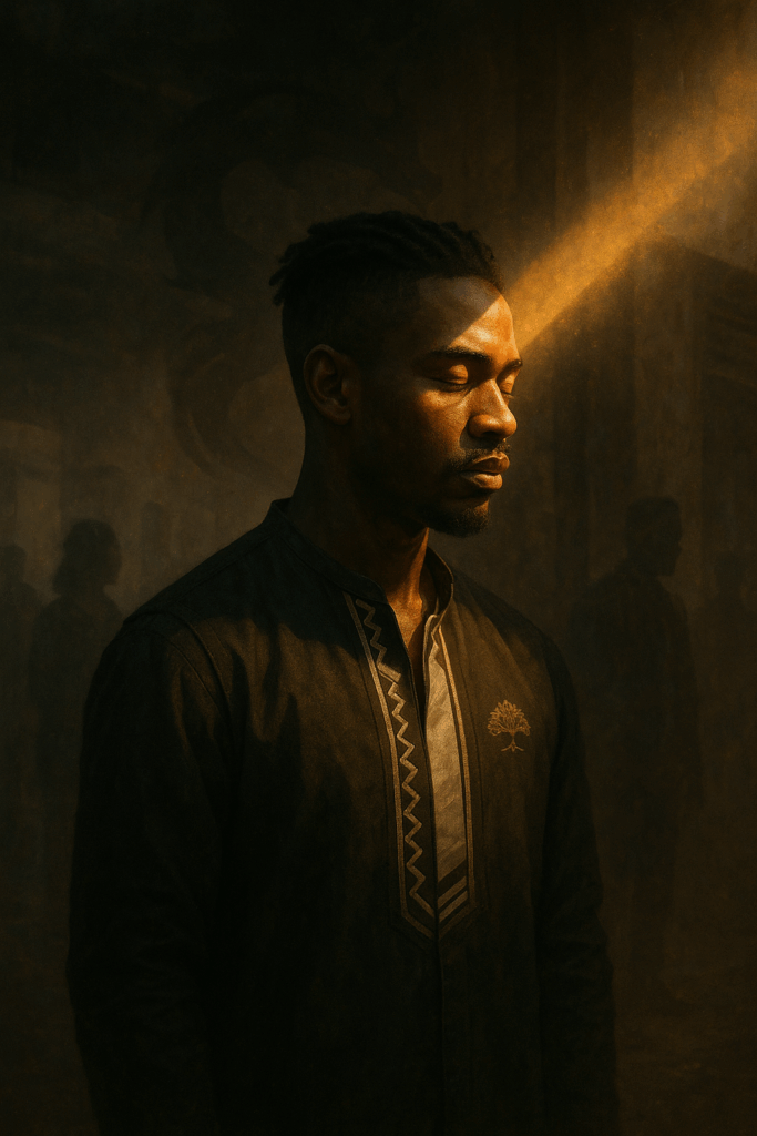 Symbolic image for The Purpose Behind the Rebirth showing a Xhosa Conscious Trader receiving his first moment of awareness, with a golden beam of light, township textures and subtle Funds&Galore branding.