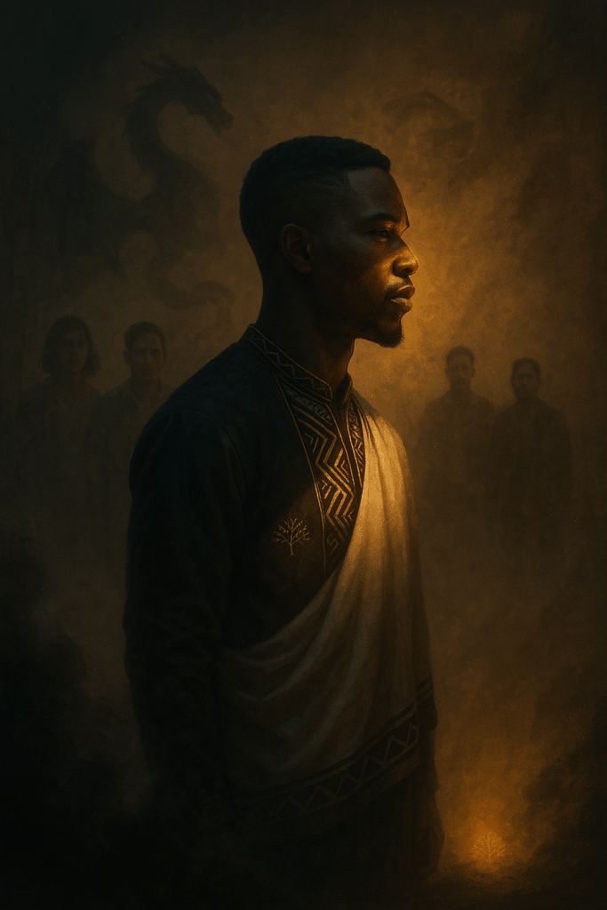 Cinematic scene for The Purpose Behind the Rebirth showing the Conscious Trader at the edge of the abyss with ember-gold light rising behind him, diverse silhouettes in shadow and subtle Funds&Galore symbolism.