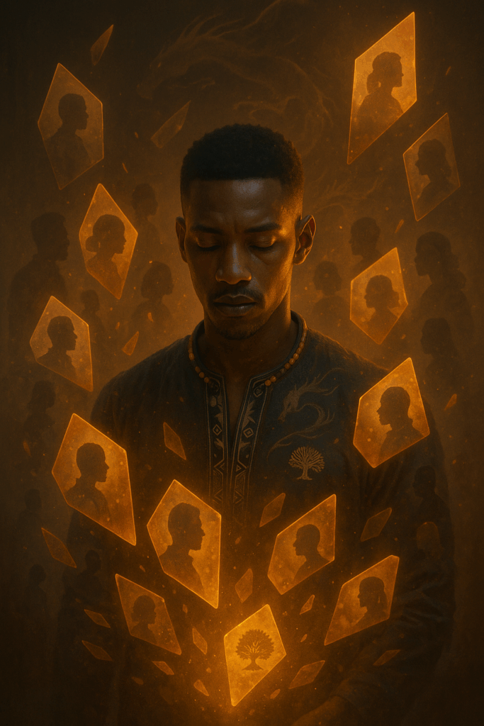 3D symbolic image for The Purpose Behind the Rebirth showing the Conscious Trader surrounded by glowing fragments of memories with diverse South African silhouettes and Funds&Galore branding woven into one shard.