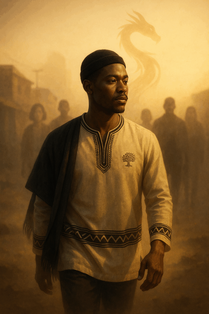 Cinematic portrait for The Purpose Behind the Rebirth showing the Conscious Trader walking toward clarity with fading figures behind him, a calm Inner Dragon shape and subtle Funds&Galore logo in the horizon glow