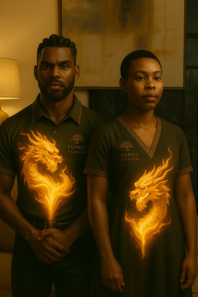 Two African powerhouse figures standing side by side in Funds & Galore uniforms as their glowing Inner Dragons rise, symbolising alignment meeting execution.