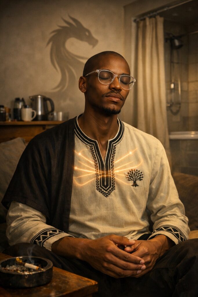 Semi-realistic 3D scene of a young African trader alone in a minimal room confronting subconscious tension