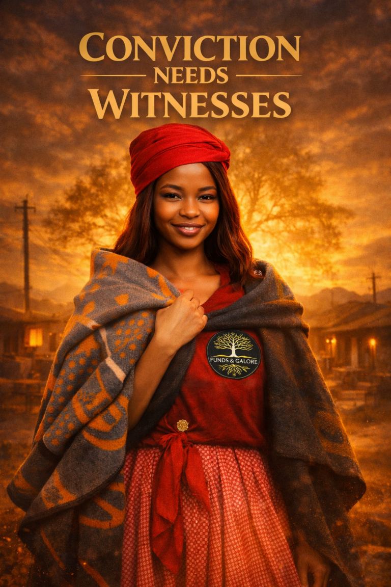 Sizz standing confidently at sunset in a semi-realistic cinematic Lesotho landscape wearing the official Funds & Galore tree-with-roots logo, symbolising grounded strength and alignment — Conviction Needs Witnesses