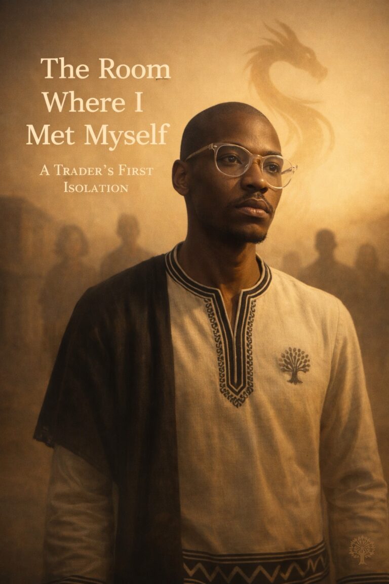 Semi-realistic 3D image of a modern Xhosa man standing alone in a small room, symbolising trading psychology and identity exposure