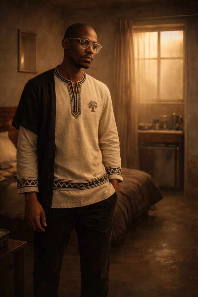 3D rendered modern Xhosa trader in a quiet university room reflecting on isolation and mindset discipline