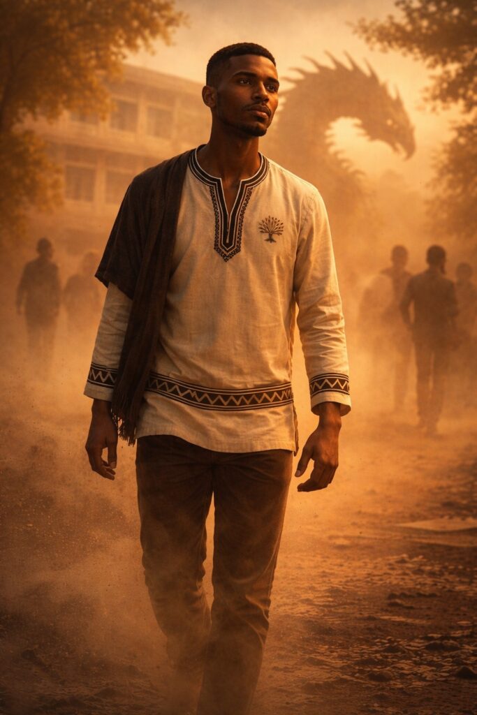 Young Xhosa man in modern traditional clothing walking through golden dust with a subtle dragon silhouette behind him, symbolising university as a trigger for psychological awakening rather than the villain in a trader’s first isolation.
