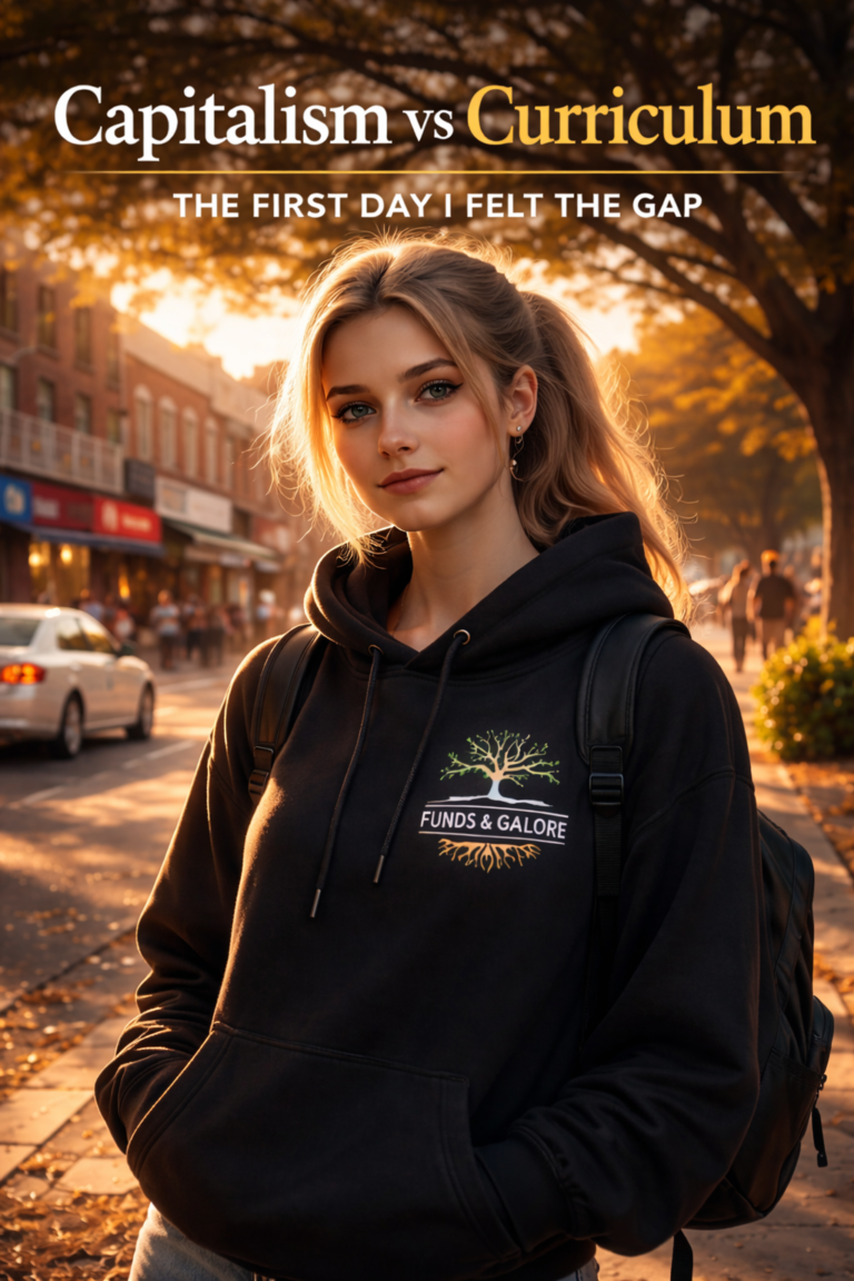 Capitalism vs Curriculum feature image showing a semi-realistic 3D Afrikaans student wearing a Funds & Galore hoodie walking through Die Bult in Potchefstroom at sunset