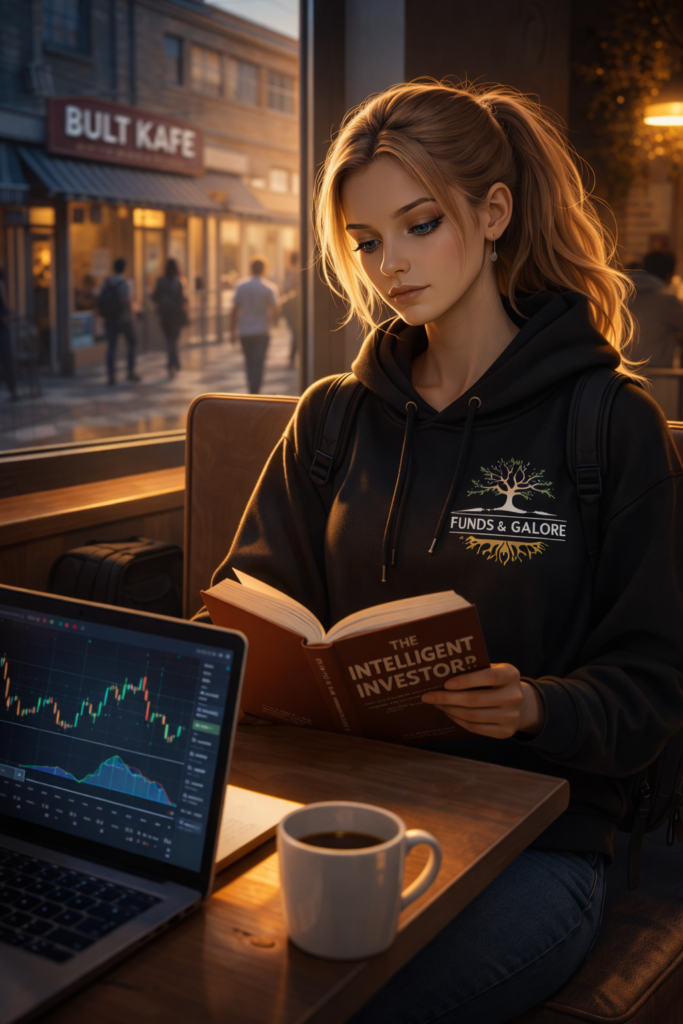 Capitalism vs Curriculum contrast showing student studying financial literacy books while navigating forex trading challenges in her apartment