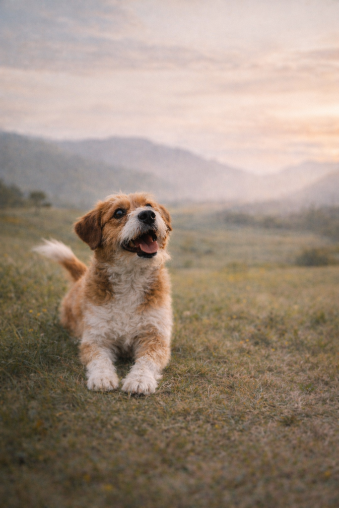 A small brown and white terrier dog sitting in an open field at sunset, looking upward with a calm and joyful expression, symbolising freedom and natural authenticity.