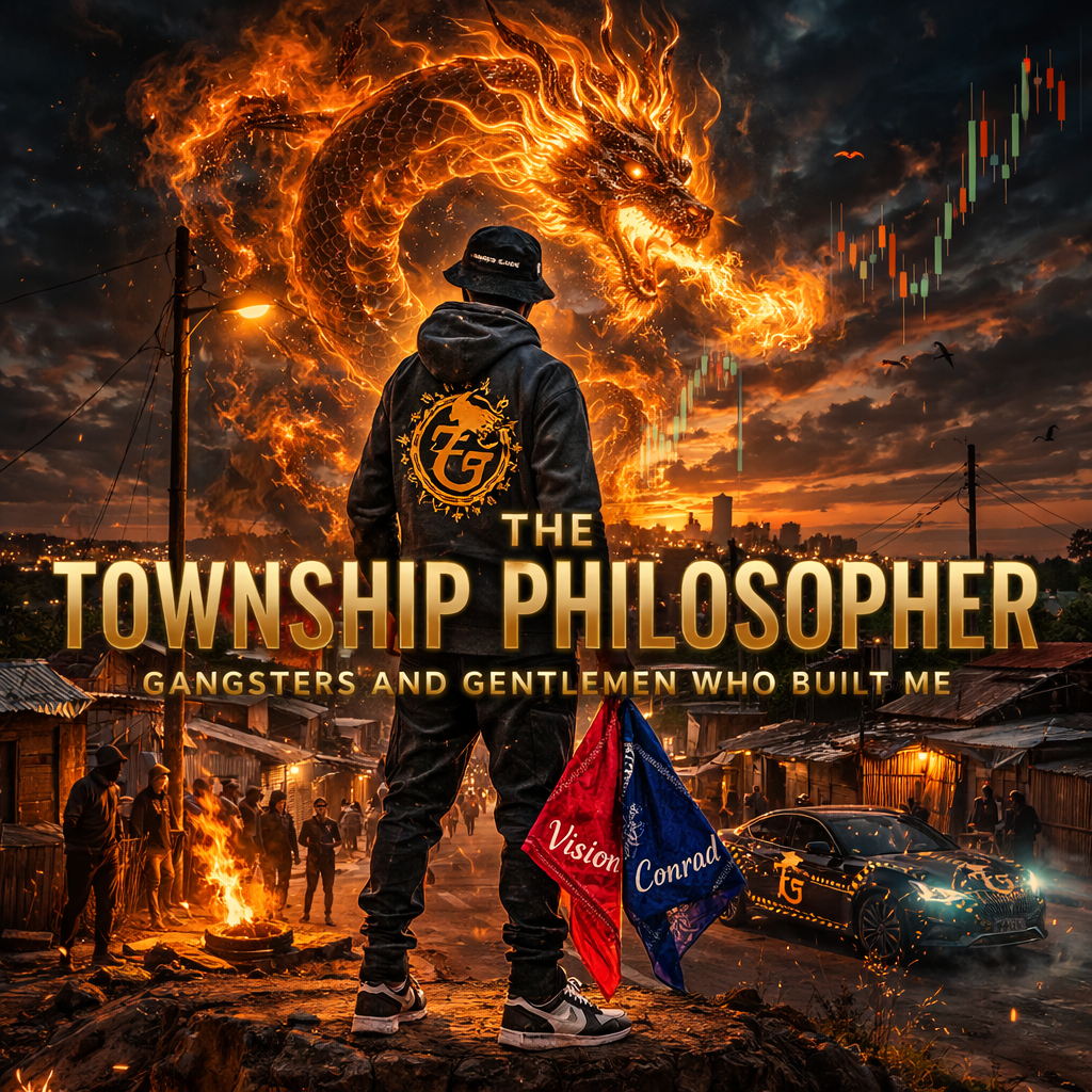 Township philosopher standing above a South African township holding red and blue bandannas labelled Vision and Conrad while a fiery Inner Dragon rises above the township skyline.
