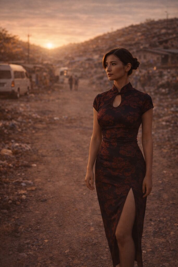 A woman stands calmly in a township at golden hour, separated from background movement, representing clarity and conscious awareness


