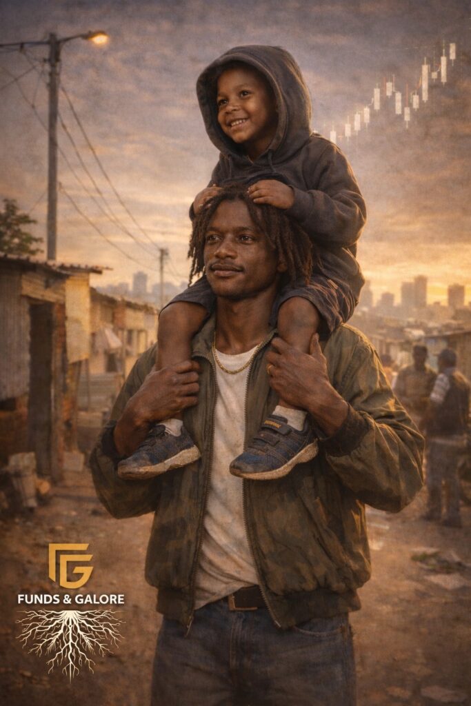 Jammie The Quiet Power carrying young Mpumelelo on his shoulders in a South African township, symbolising mentorship, protection, and quiet strength.