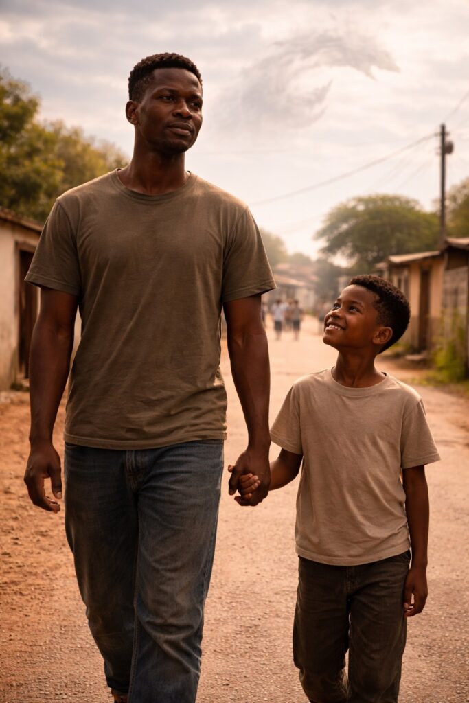 how your father shaped you as a South African man standing with a child and building a new generational identity