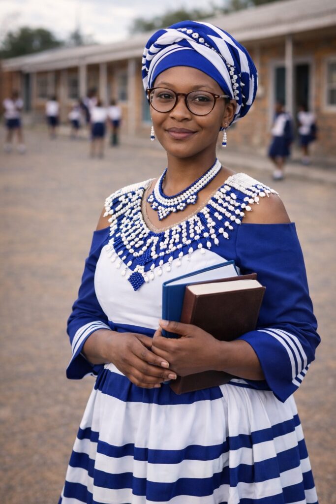 Mama Difoloko, a young Setswana teacher in beautiful modern Setswana traditional attire, standing proudly in a South African school courtyard.