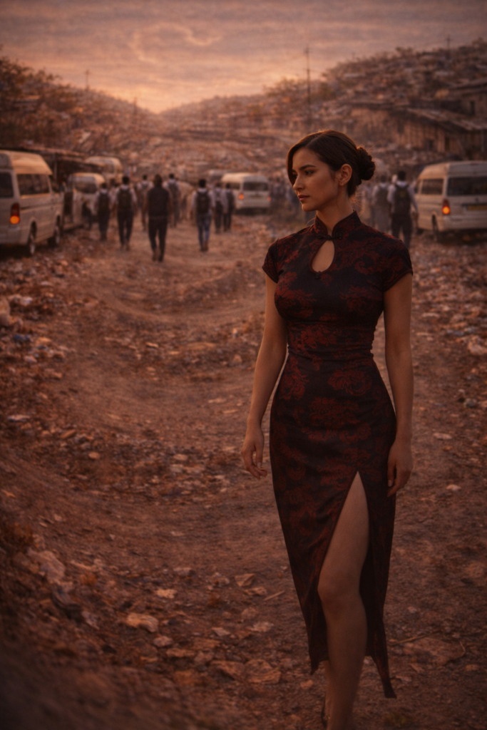 A woman walks through a township road that subtly repeats with duplicated taxis and people, symbolising recurring life patterns and mental loops

