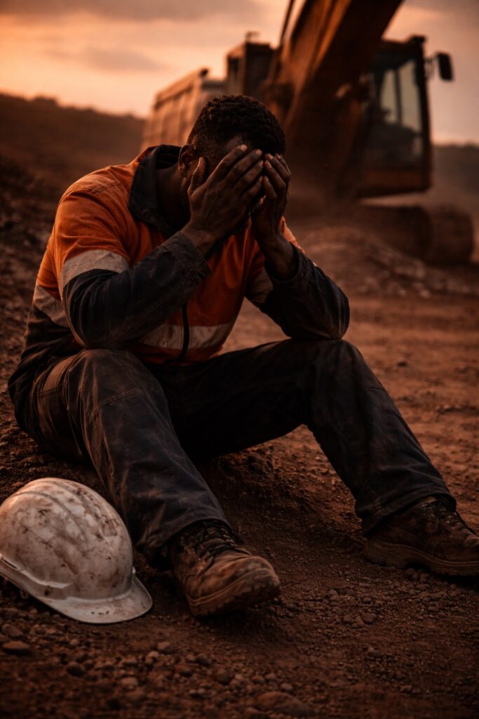 how your father shaped you leading to emotional exhaustion as a South African man sitting alone at a mining site