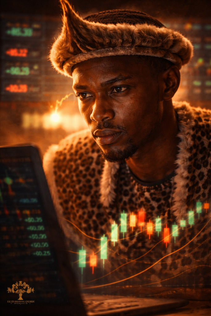 South African township trader journey showing a trader working on a laptop with the Inner Dragon symbolising transformation and focus
