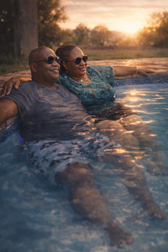My mother and late father relaxing together in a pool, enjoying a peaceful moment and symbolising the beauty of simple family joys.