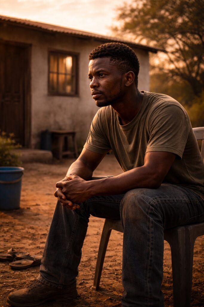 a South African man sitting outside a modest home at sunrise reflecting on his life and personal growth
