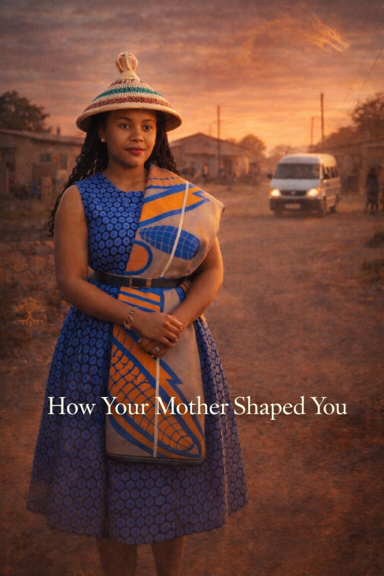 how your mother shaped you through a Sotho woman standing in a South African township with a taxi in the background