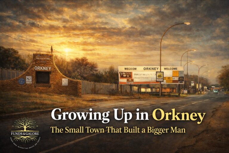 Growing Up in Orkney: cinematic view of the Orkney town entrance road in South Africa at golden hour, symbolising the small town that shaped the journey of the Funds & Galore founder.