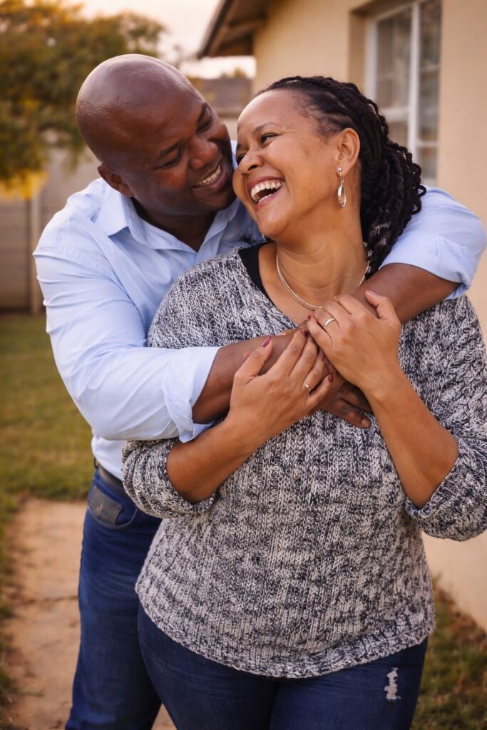 South African couple laughing together outdoors as the man hugs the woman from behind in a joyful moment.
