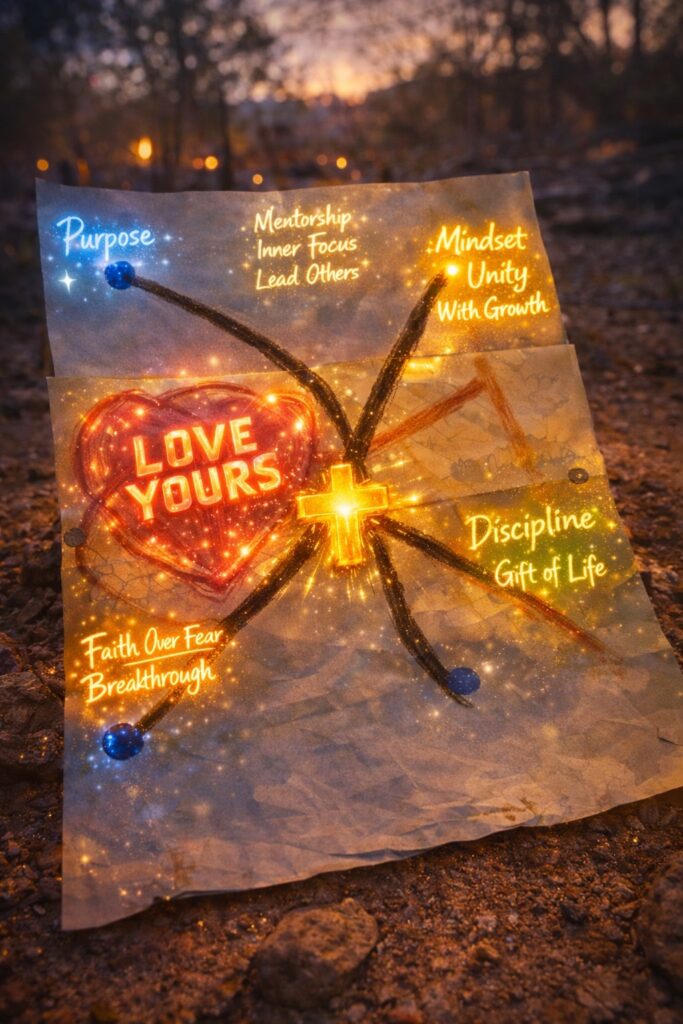  a glowing hand-drawn life map with the words “Love Yours,” faith, purpose, discipline and mindset illuminated, symbolising the deeper lessons learned in a small South African town.