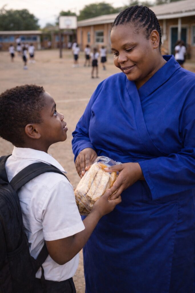 Aftercare teacher Mama Joy receiving sandwiches from a schoolboy in a South African school playground, symbolising gratitude and community care.