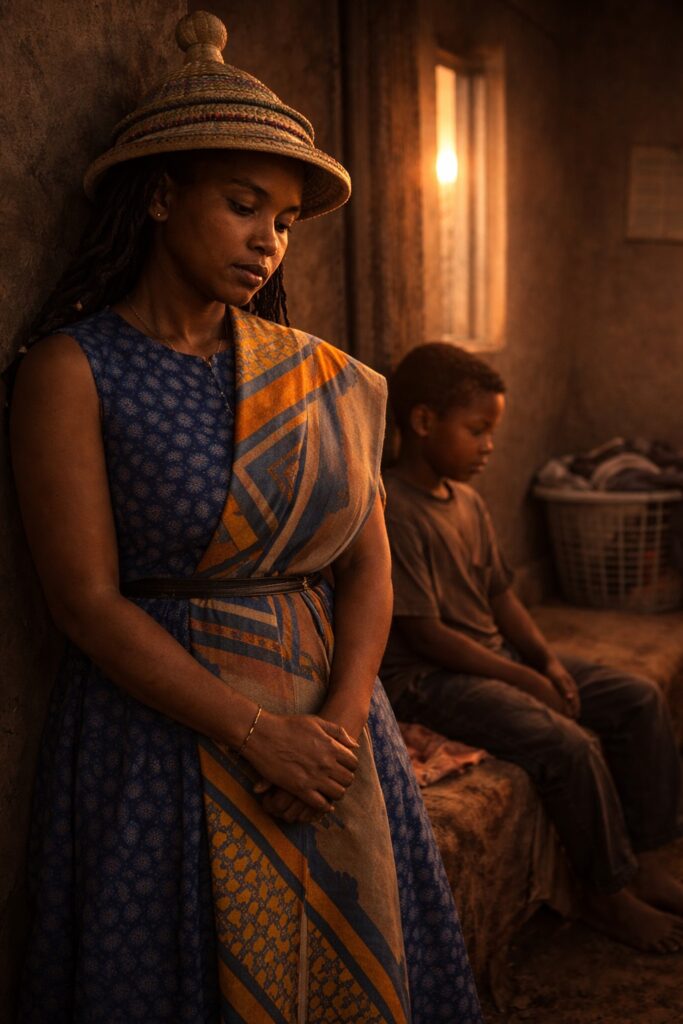 Sotho mother standing in soft sunset light inside a modest township home, reflecting on emotional awareness and the beginning of change
