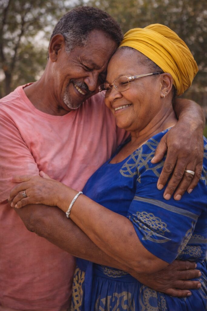 Elderly South African couple embracing warmly, smiling with their heads touching in a tender moment of love and companionship.