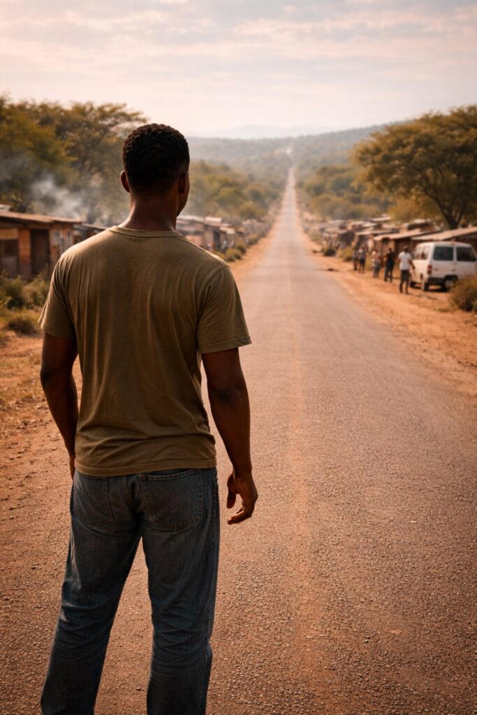 a South African man standing on an open road between a township and the future, symbolising personal change and direction


