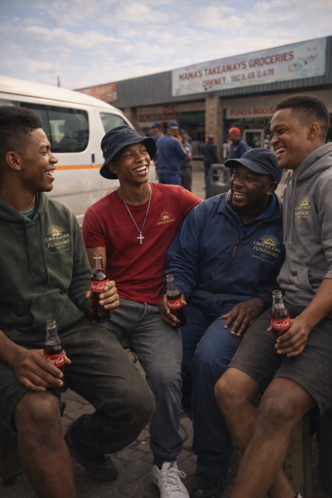 young men laughing and drinking Coca-Cola at the local taxi rank while taxi drivers share street wisdom in a small South African town.