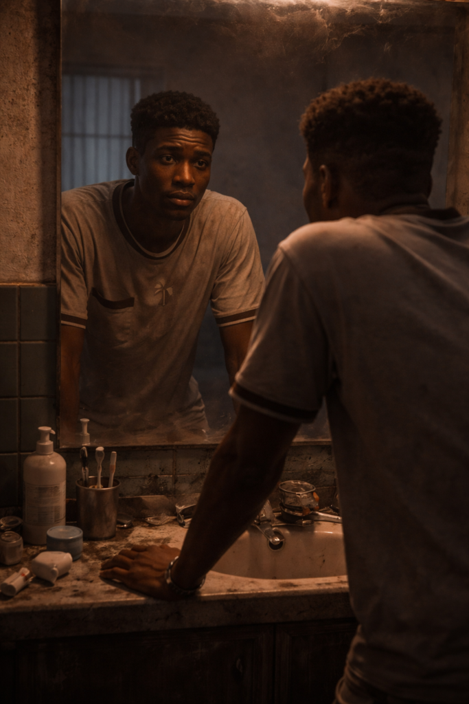 The Child Who Learned to Disappear looking into a mirror with a distorted reflection symbolising loss of identity